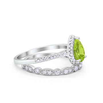 Teardrop Bridal Piece Wedding Ring Simulated Peridot CZ Art Deco Band 925 Sterling Silver
